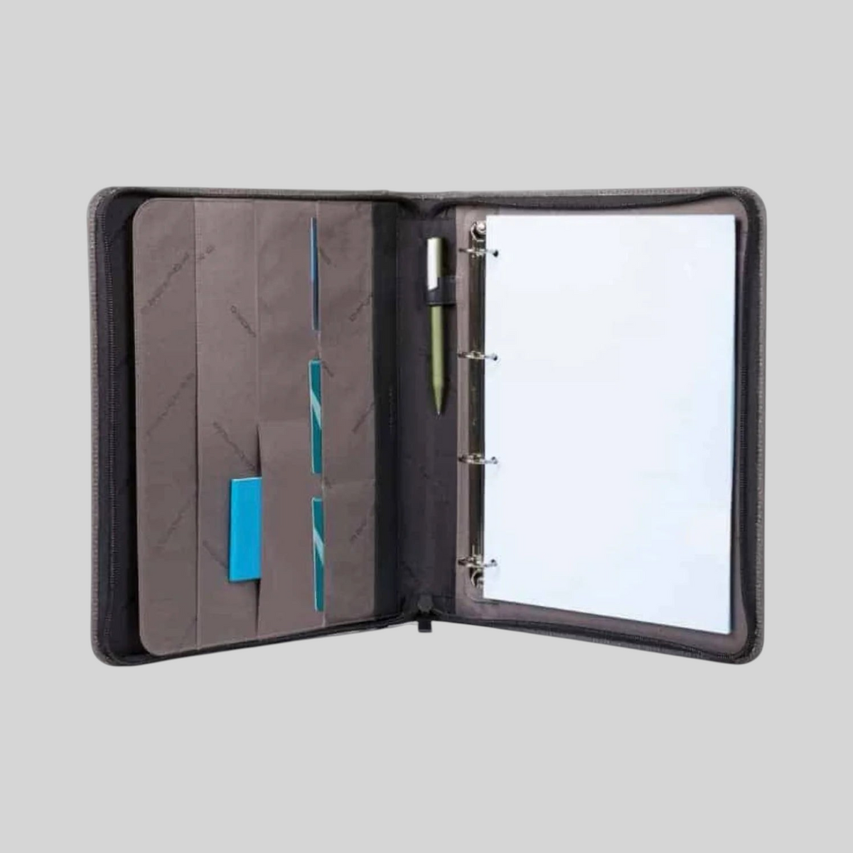 Portablocco A4 LIBUTTI aperto in tessuto grigio e pelle con anelli, tasche porta carte e portapenne interno