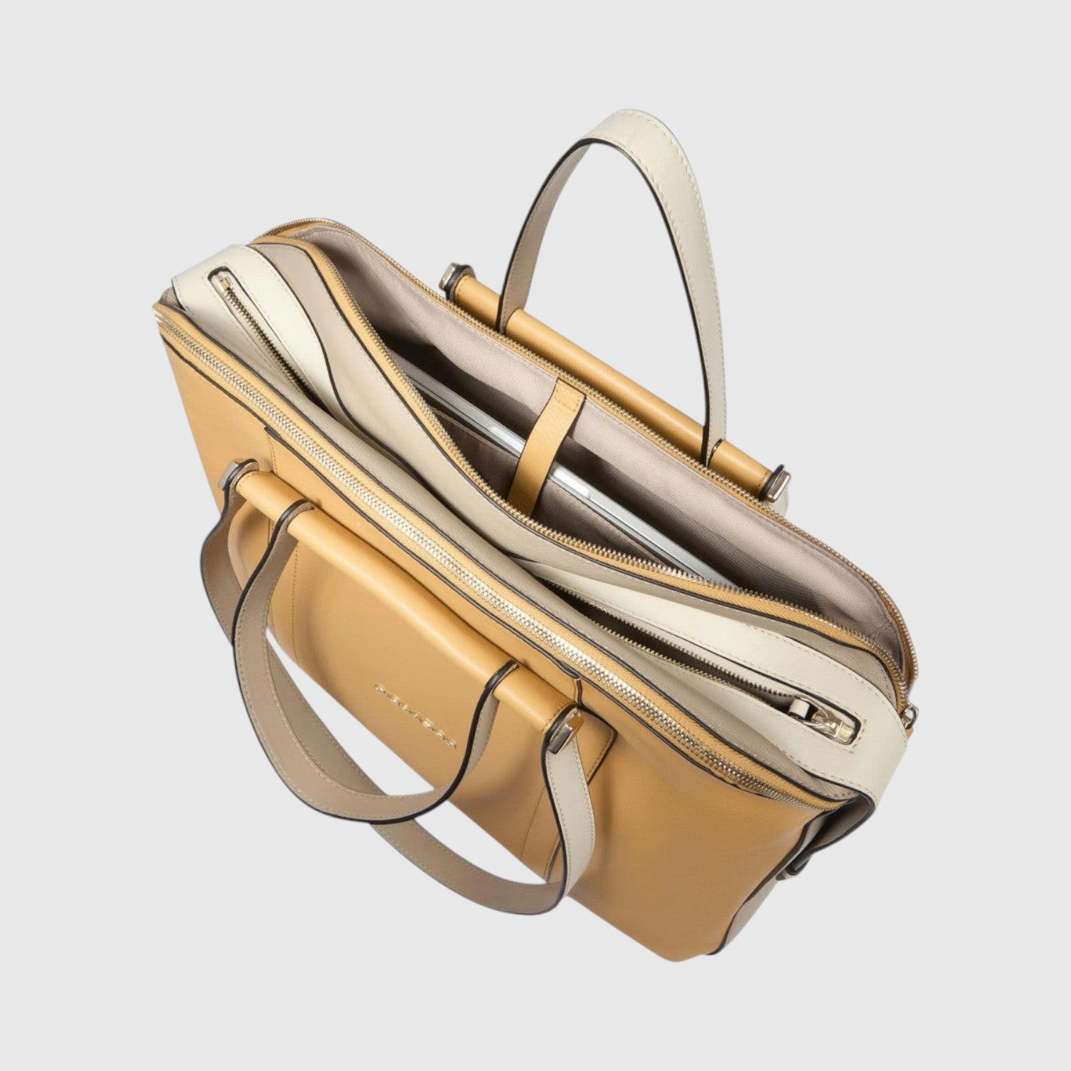 Borsa professionale LIBUTTI in pelle color cuoio e crema con tre scomparti imbottiti per laptop 14 pollici e iPad