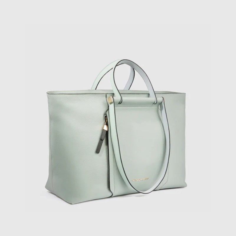 Borsa LIBUTTI in pelle verde salvia con doppi manici, scomparto per laptop 15,6 pollici e tasca frontale con zip.