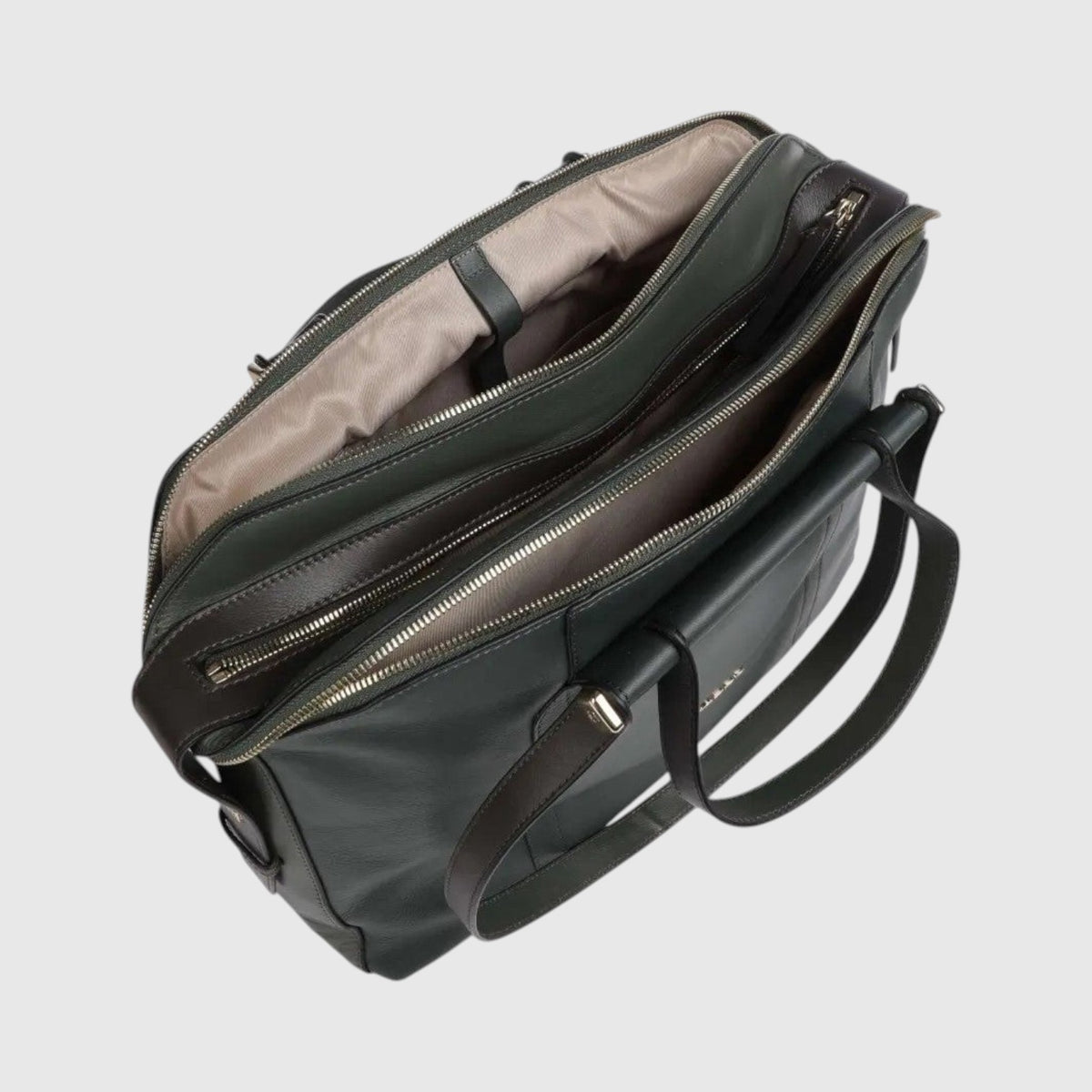 Borsa professionale LIBUTTI in pelle verde scuro con tre scomparti interni imbottiti per laptop 14 pollici e iPad