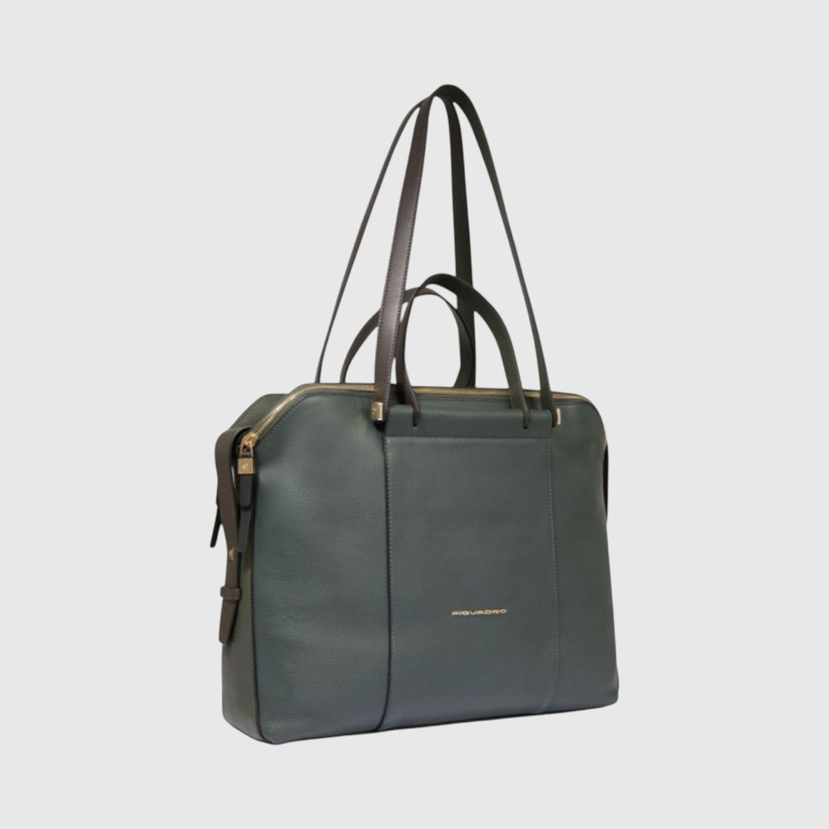 Borsa professionale LIBUTTI in pelle verde con tre scomparti, porta PC 14 pollici e tracolla regolabile.