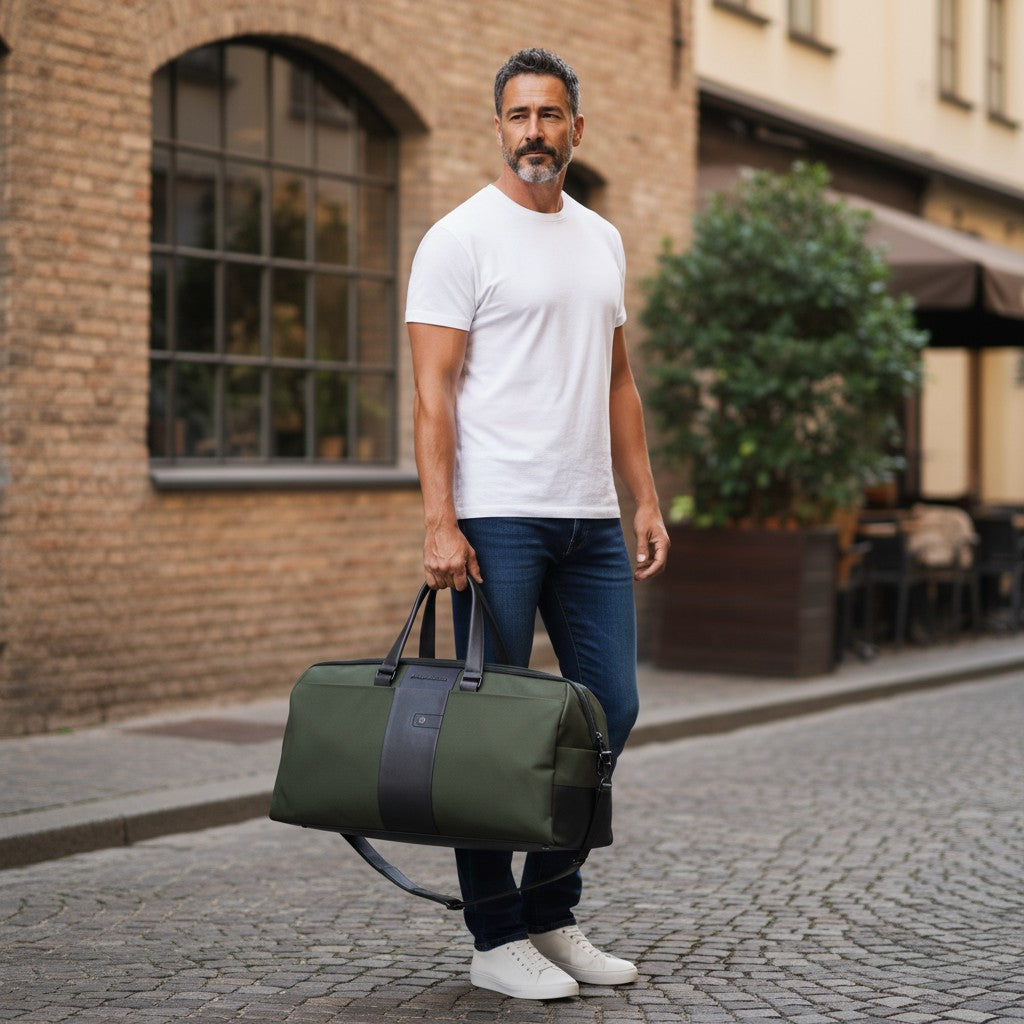 Uomo con borsone LIBUTTI verde in pelle e tessuto tecnico, ideale per viaggi nel weekend in un contesto urbano.