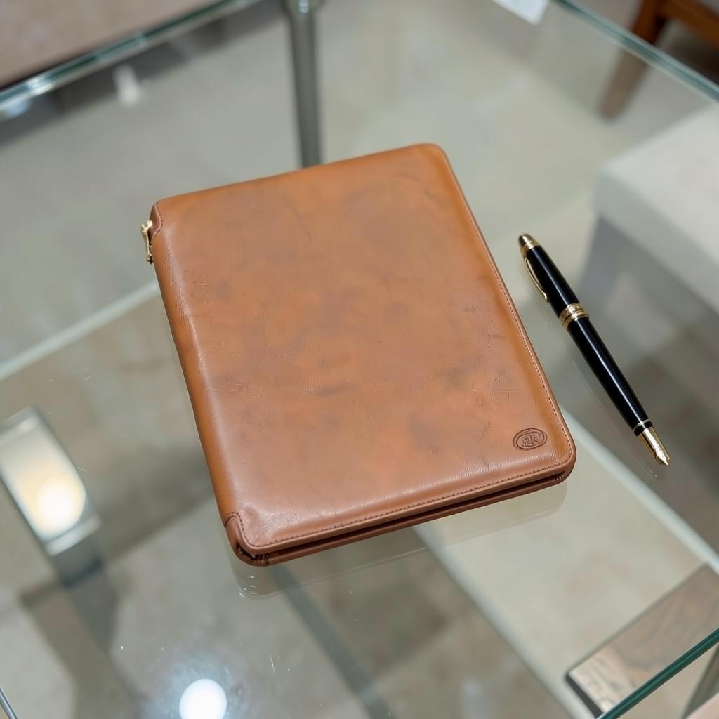 Cartella portablocco A4 LIBUTTI in pelle marrone con penna, design elegante per documenti e riunioni professionali.