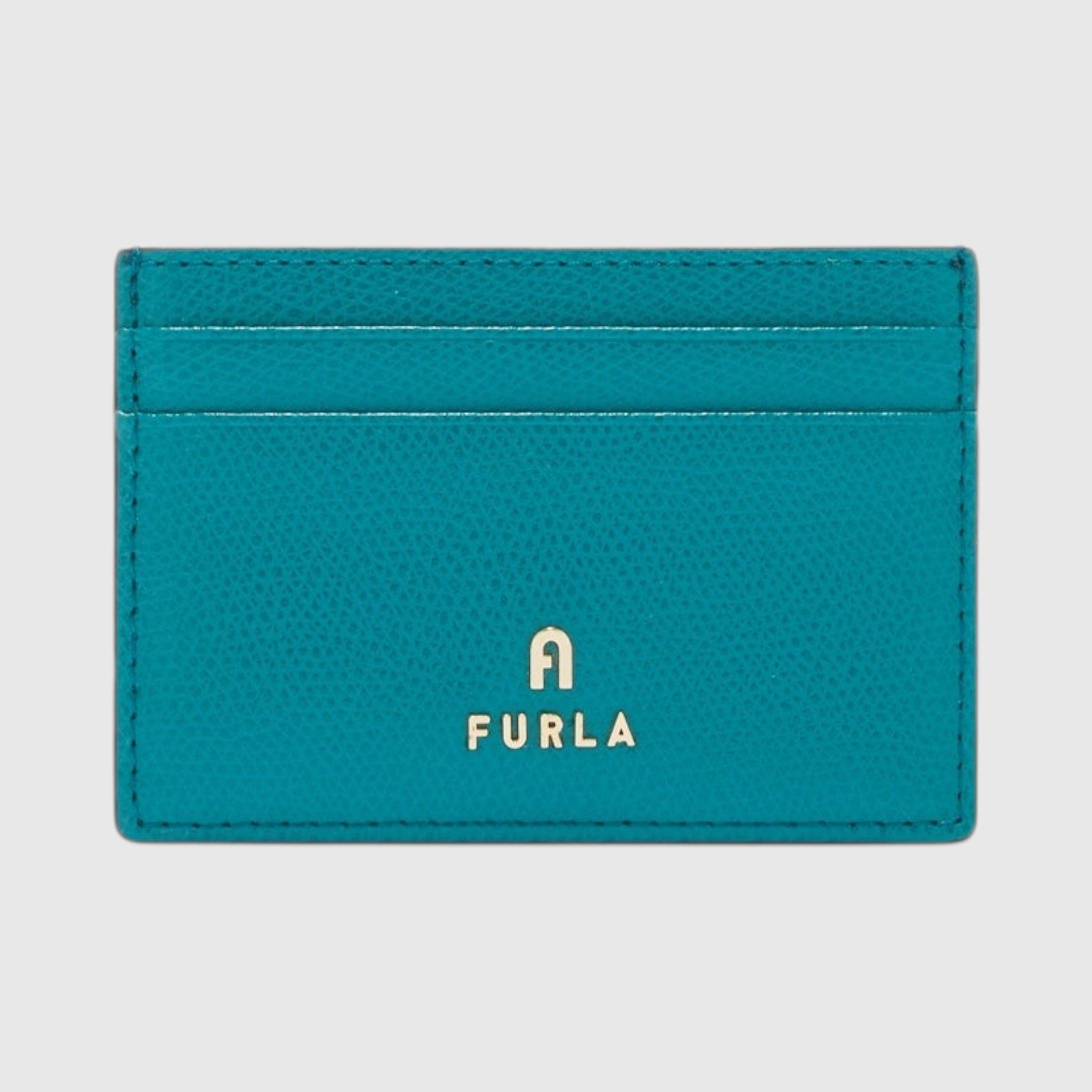 Portacarte di credito LIBUTTI Furla Camelia in pelle testurizzata color turchese con logo dorato frontale