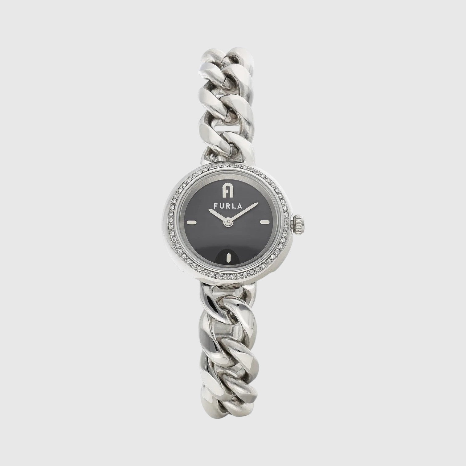 Orologio LIBUTTI Furla Chain Round con quadrante nero, cassa da 28mm e bracciale a maglie intrecciate in acciaio silver