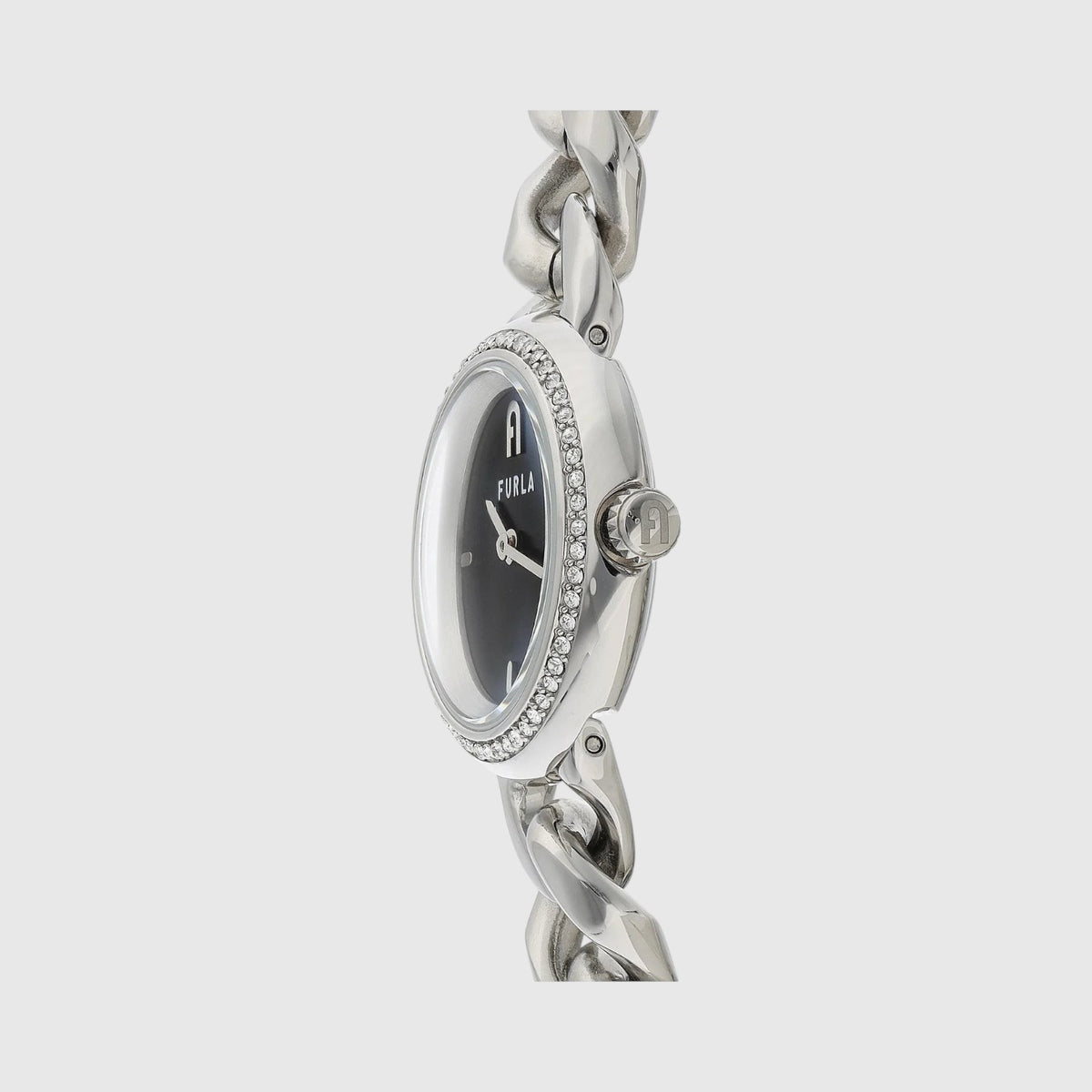 Orologio LIBUTTI Furla Chain Round con cassa 28mm, quadrante nero, lunetta con cristalli e bracciale a maglie silver