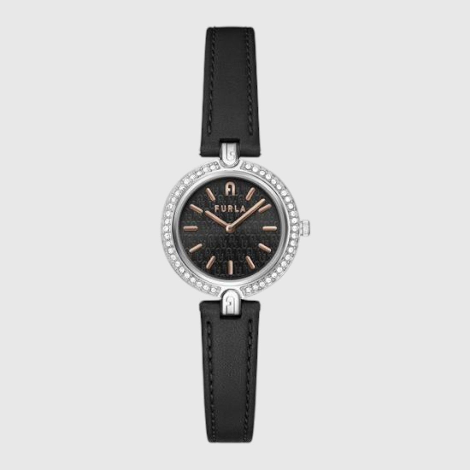 Orologio da donna LIBUTTI Furla Logo Links 3H con cassa in acciaio, quadrante nero con cristalli e cinturino in pelle