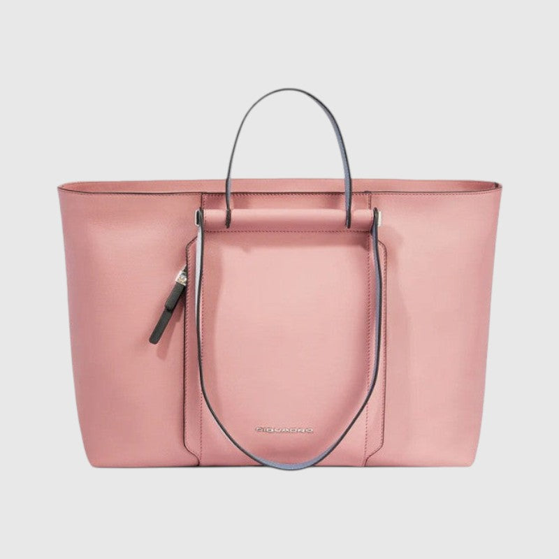 Borsa LIBUTTI Piquadro in pelle rosa con doppi manici, scomparto imbottito per laptop 15,6 pollici e chiusura zip