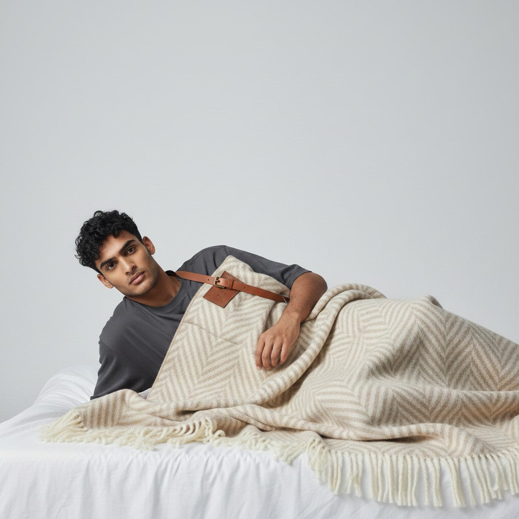 Uomo disteso su un letto coperto da un plaid LIBUTTI beige con motivo a spina di pesce e dettagli in pelle