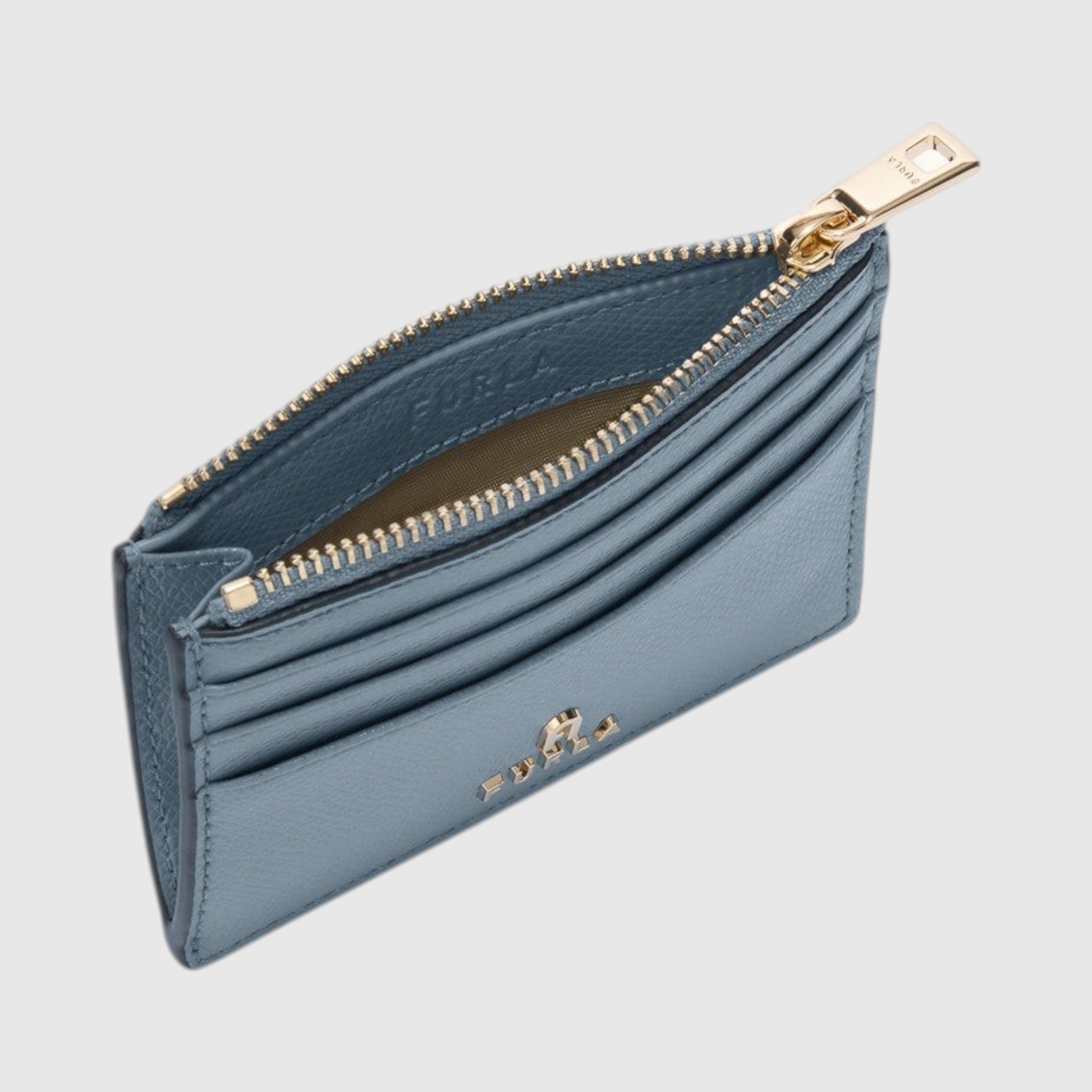 Portacarte LIBUTTI Furla Camelia in pelle azzurra con chiusura a zip dorata e scomparti per carte