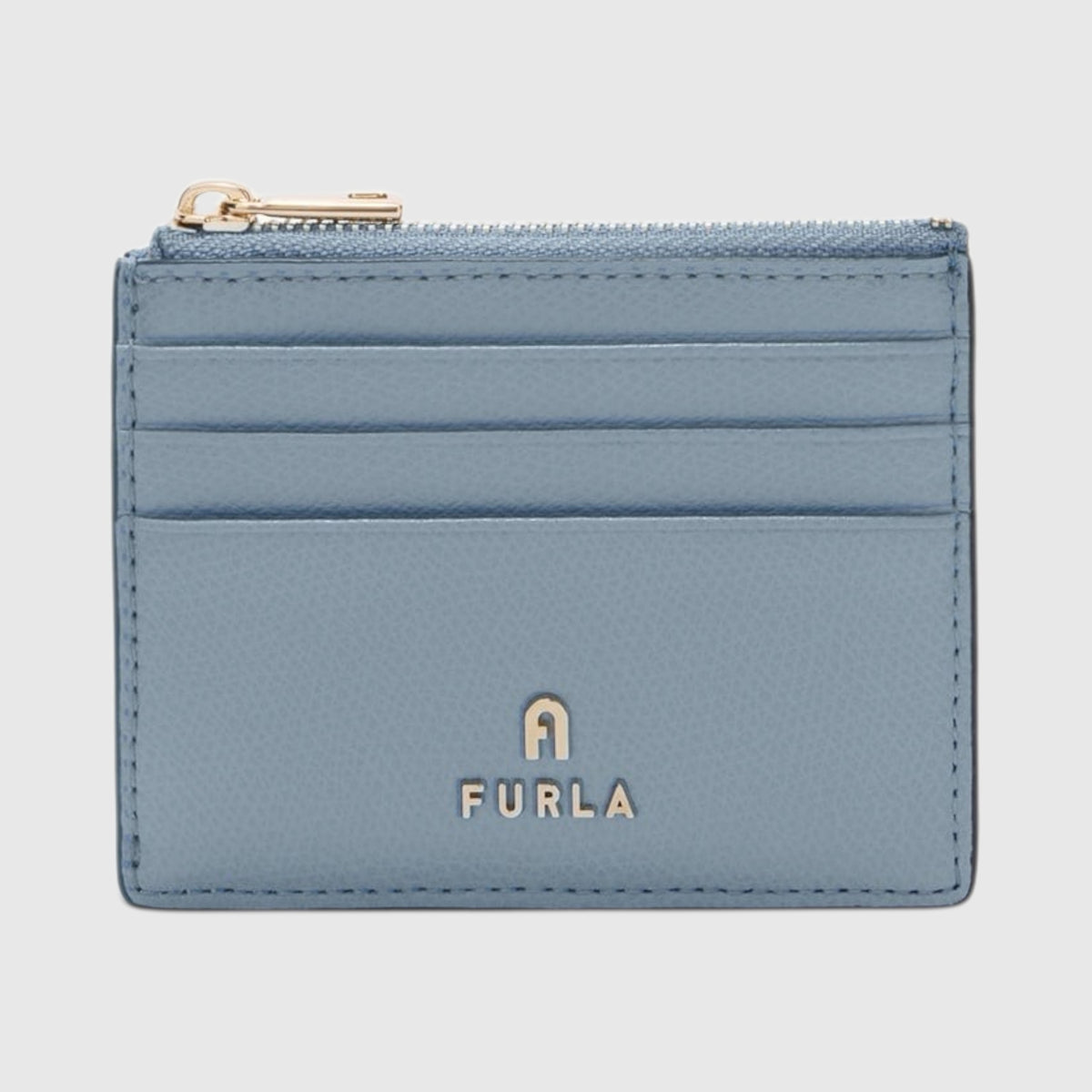 Portacarte di credito LIBUTTI Furla Camelia in pelle azzurra con chiusura a zip e logo metallico dorato