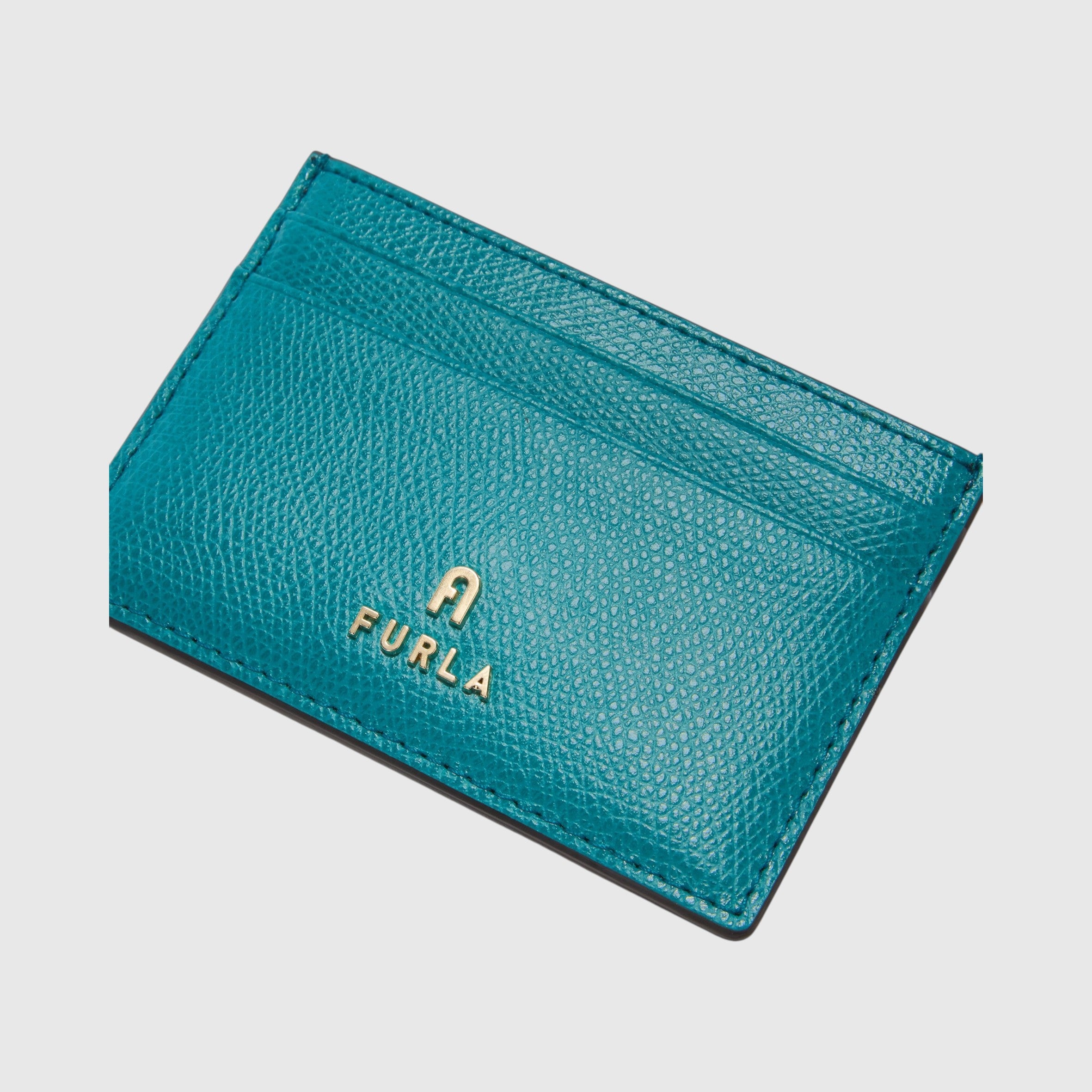 Portacarte di credito LIBUTTI Furla Camelia in pelle testurizzata color turchese con logo dorato
