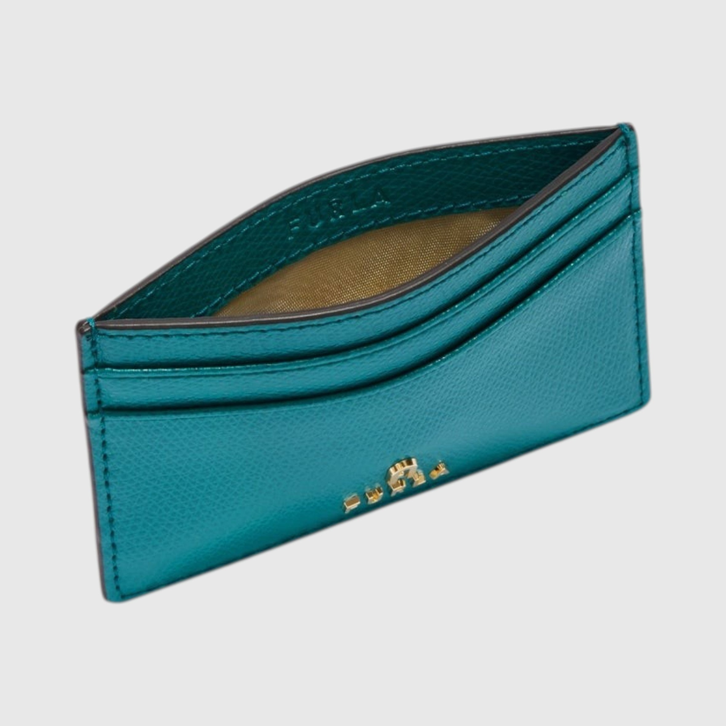 Portacarte di credito LIBUTTI Furla Camelia in pelle color verde acqua con logo dorato e design minimalista