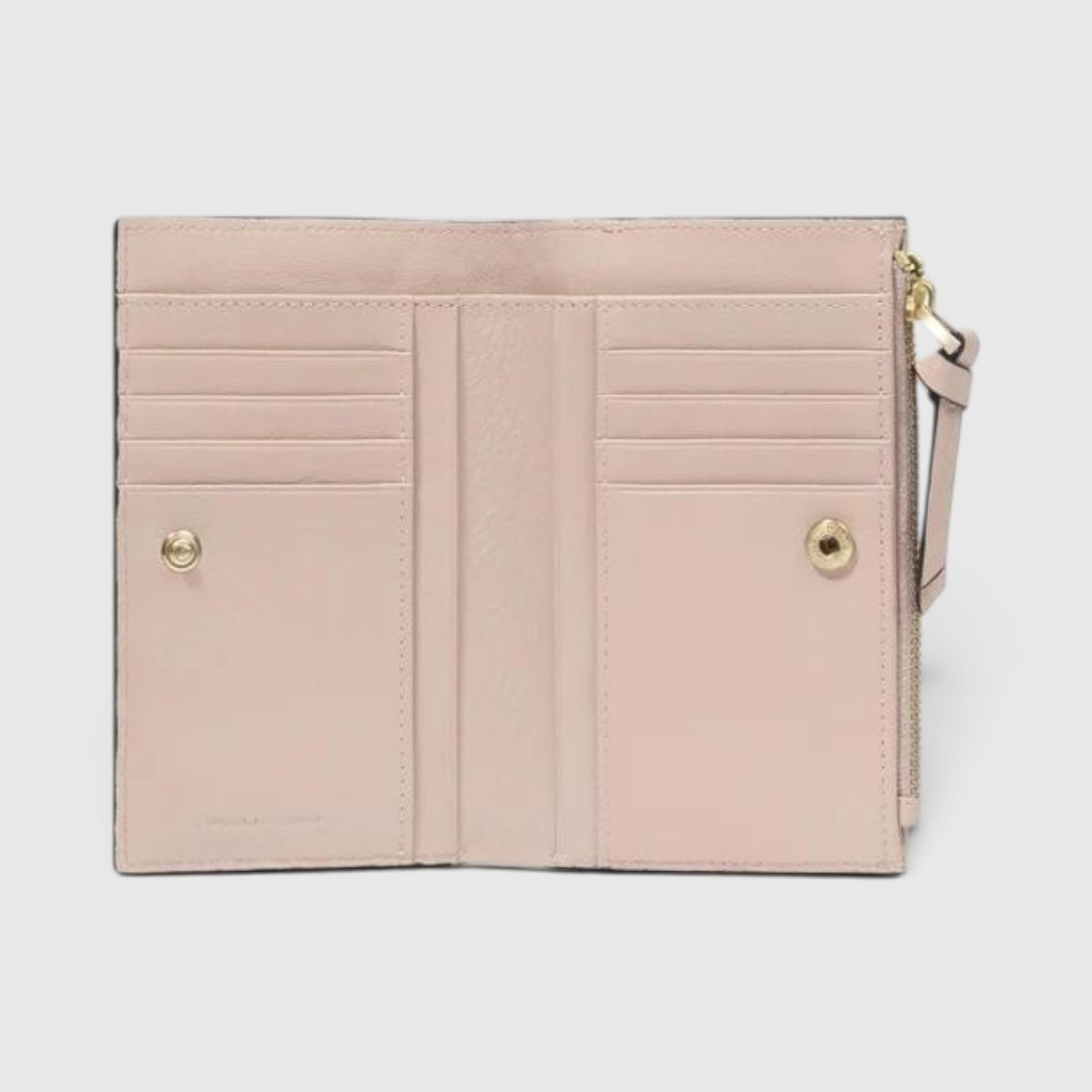 Portafoglio bifold LIBUTTI da donna in pelle rosa con scomparti per carte e protezione RFID, vista interna aperta