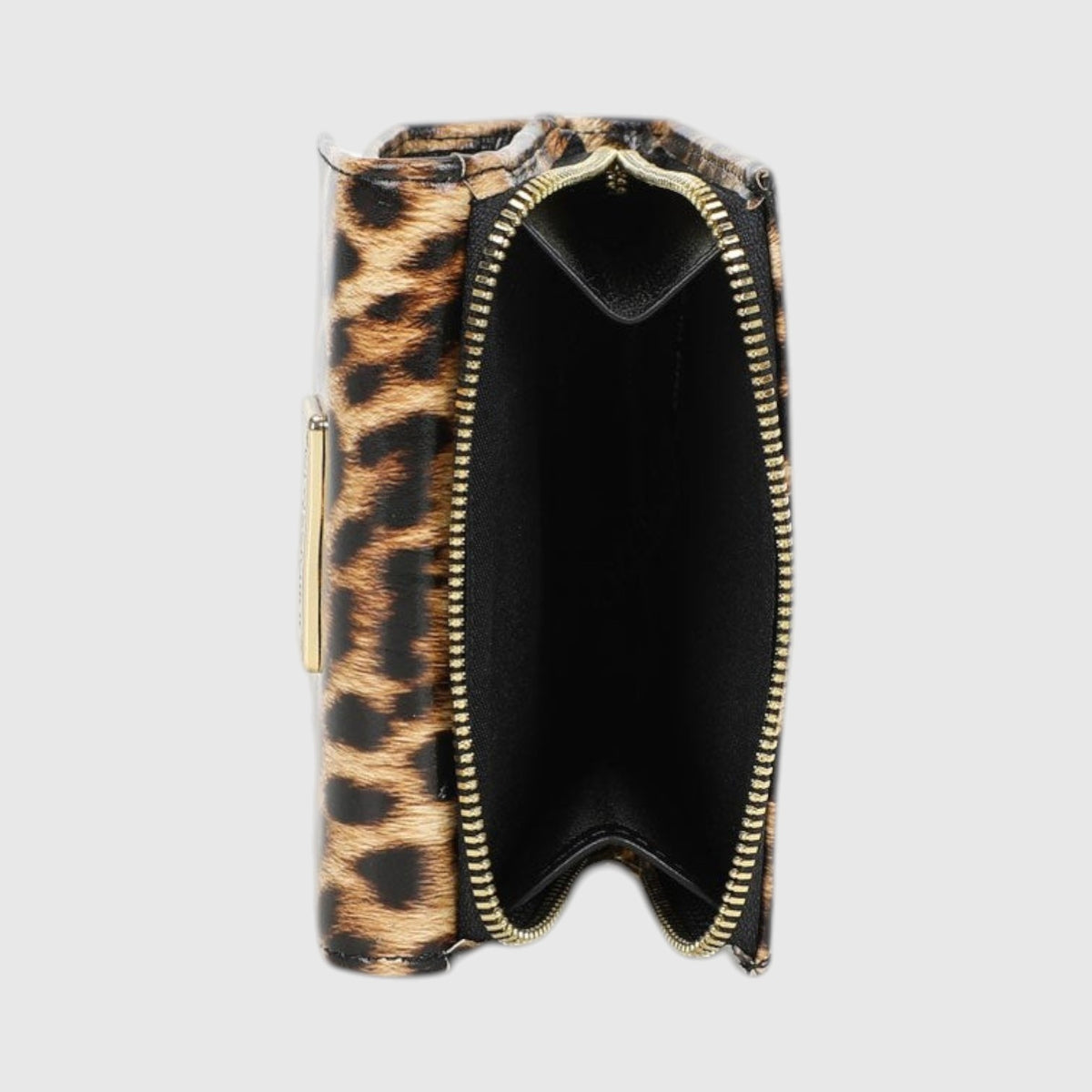 Portafoglio LIBUTTI Braccialini in pelle con stampa leopardata, chiusura a zip dorata e interno nero organizzato.