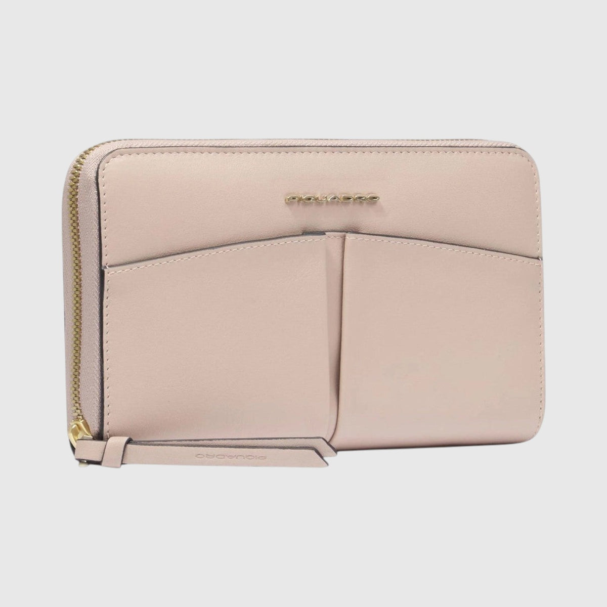 Portafoglio donna LIBUTTI zip around in pelle color rosa cipria con tasche frontali e logo metallico