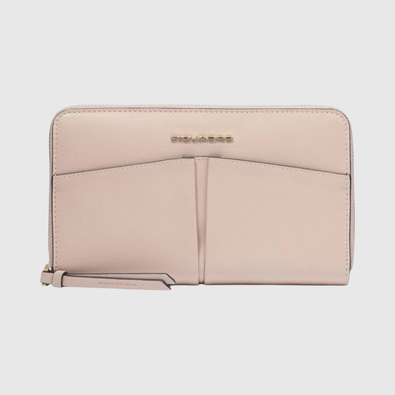 Portafoglio donna LIBUTTI zip around in pelle color rosa cipria con logo metallico frontale