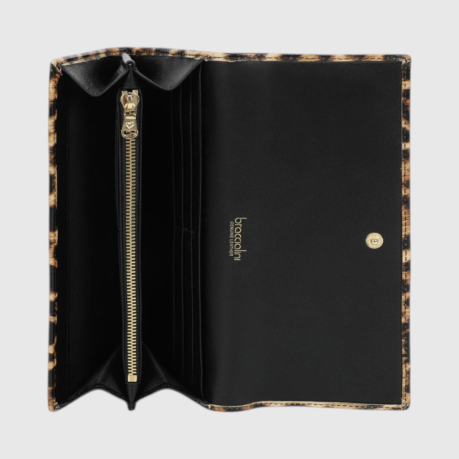 Portafoglio lungo LIBUTTI Braccialini in pelle con stampa leopardata, interno nero, scomparti e zip dorata
