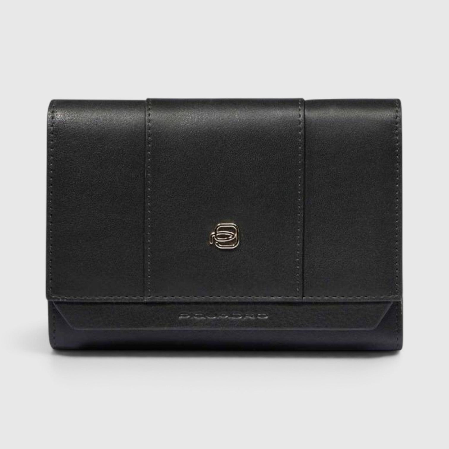 Portafoglio donna LIBUTTI Piquadro in pelle nera con logo frontale metallico e design compatto ed elegante