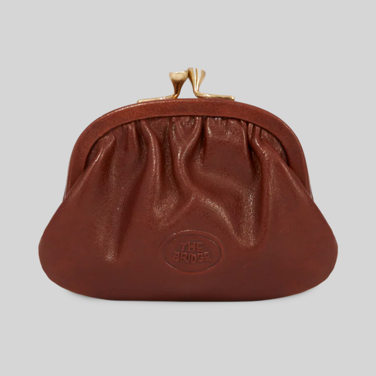 Portamonete vintage LIBUTTI in pelle marrone con chiusura a scatto metallica e logo impresso