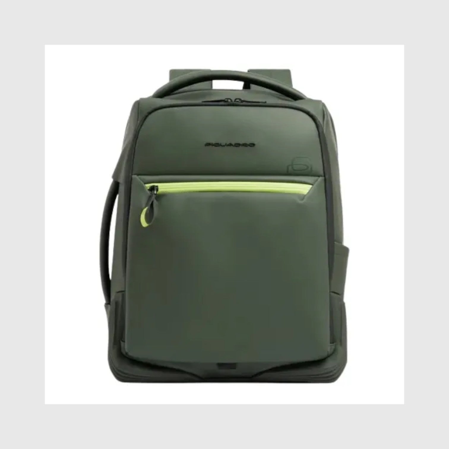 Zaino da viaggio LIBUTTI Piquadro C2OW in tessuto gommato verde oliva con dettagli a contrasto giallo fluo