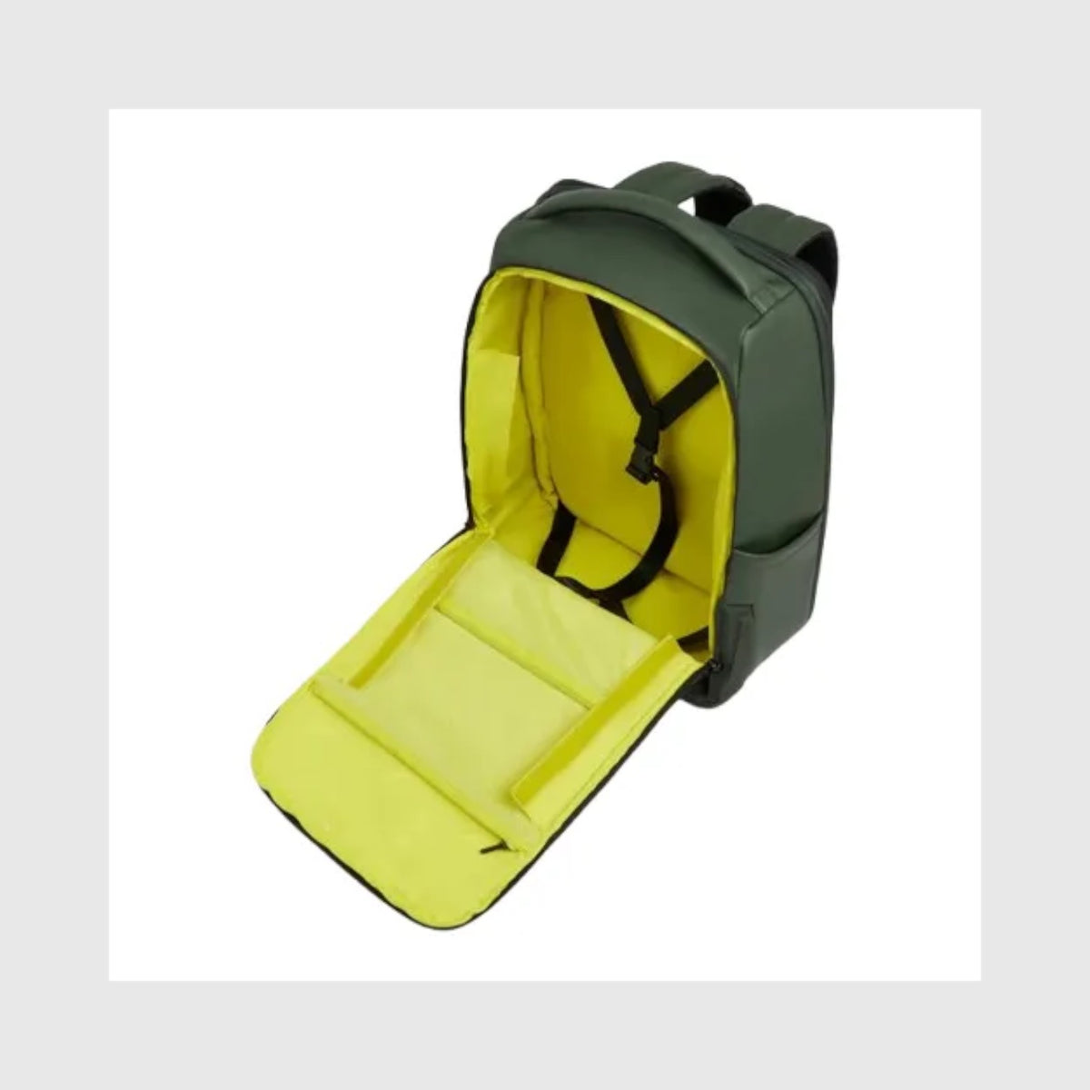 Zaino da viaggio LIBUTTI Piquadro C2OW verde in tessuto gommato impermeabile con interno giallo a contrasto