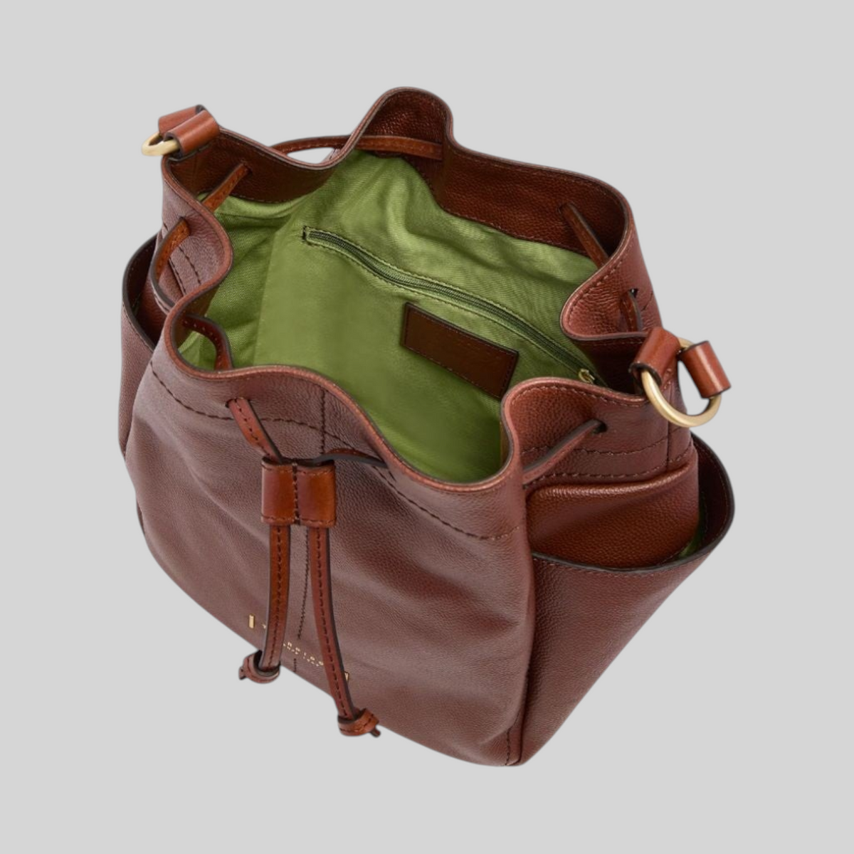 Borsa secchiello LIBUTTI Letizia in pelle di vacchetta marrone con interno verde e chiusura a coulisse